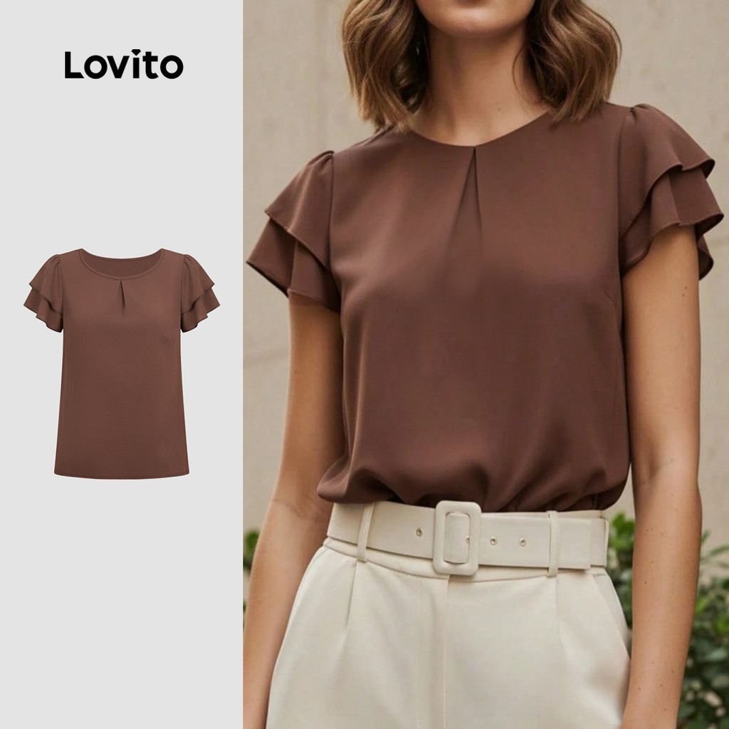 Lovito Elegante Blusa Casual Feminina com Babados e Plissados Marrom Primavera/V