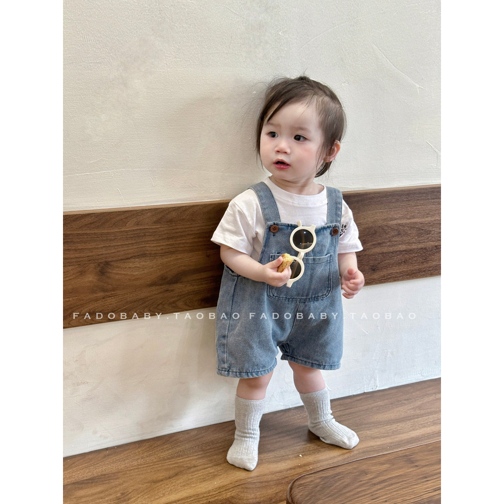 Ins roupas infantis estilo verão roupas infantis bebê menina verão Denim macacão moda terno roupas de verão terno de dua