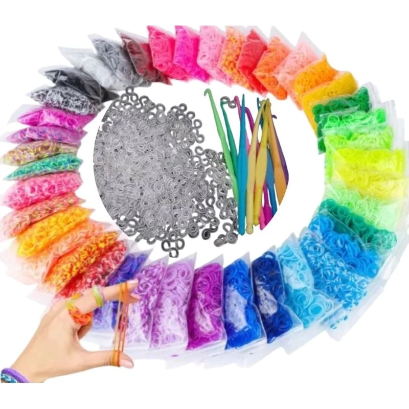 kit 1000 Elásticos silicone 150 fechos 5 agulhas linguinha Pulseira infantil Loom bands em Oferta na Shopee