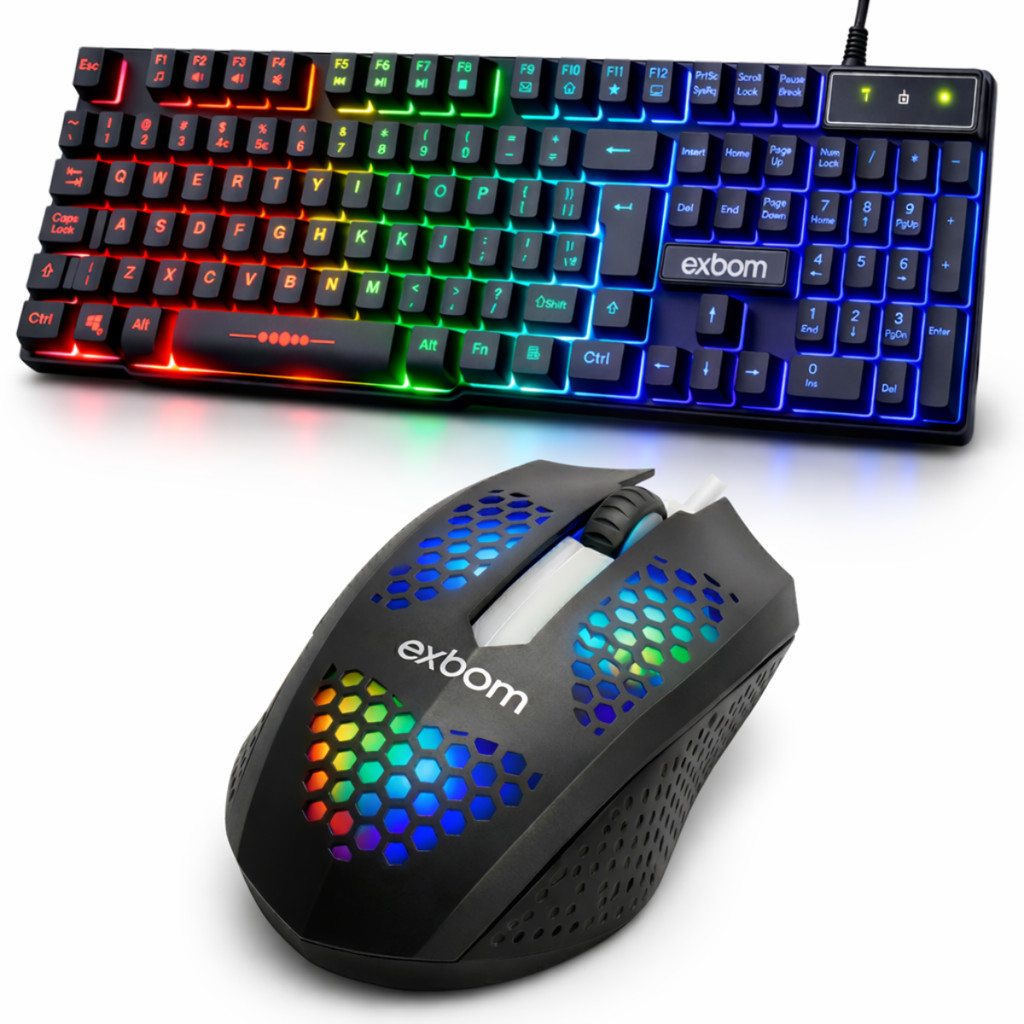 Kit Gamer Teclado Semi Mecânico ABNT2 + Mouse RGB com fio PC Notebook Exbom
