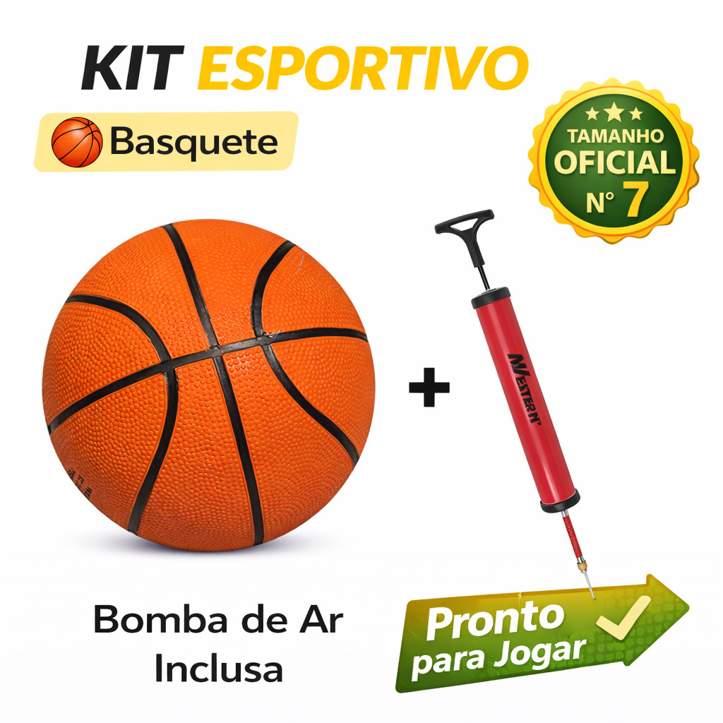 Kit Bola Basquete Tamanho Oficial + Bomba Inflar Bico Ar Para Encher Bola Basketball Quadra