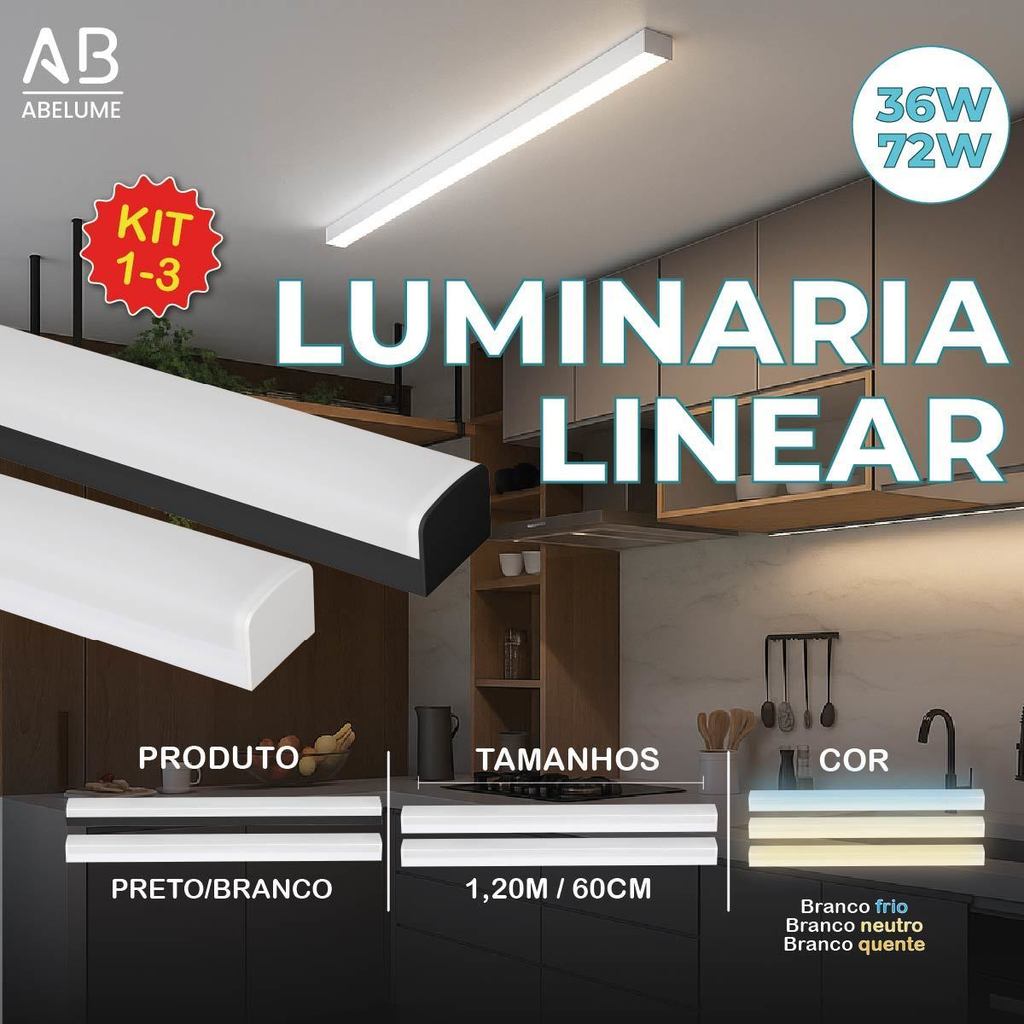 Luminária Linear Inteligente 72W 36W Preto ou Branco 120CM 60CM 3 Tons de Luz Bivolt