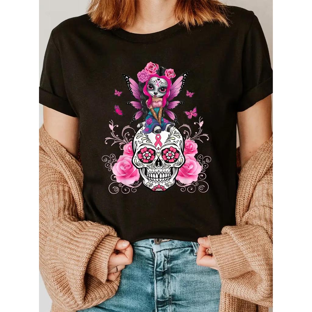 Camiseta Feminina Oversized Sugar Skull Flores Conscientização Câncer Mama Estampada Confortável Linda Estilosa Casual