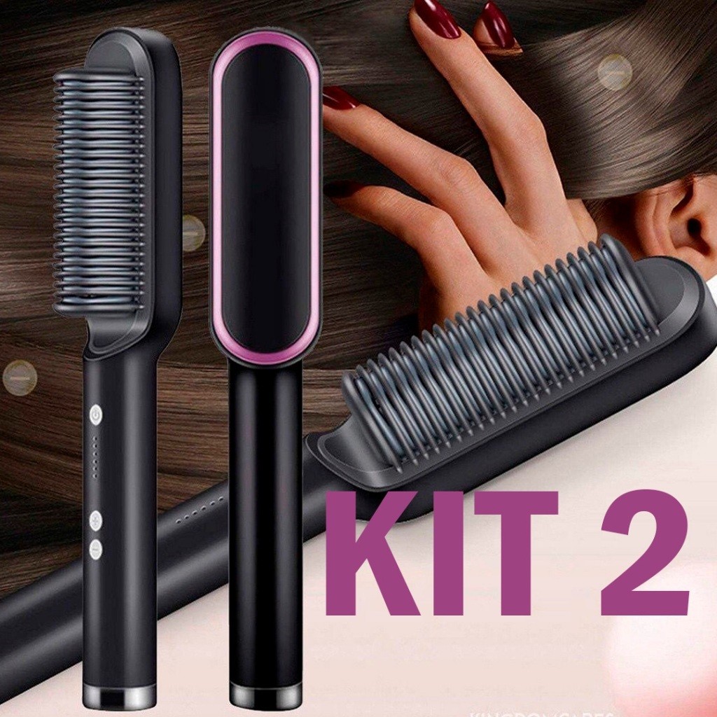KIT 2 Escova Alisadora Bivolt 5 em 1 - Alisa, Hidrata, Modela, Alinha e Anti-Frizz pratico 