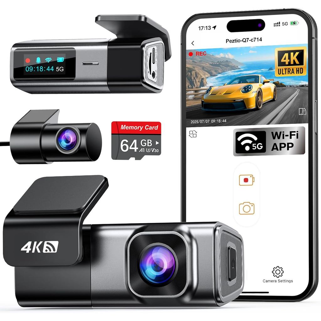 Câmera Veicular Navycrest 4K Frontal e Traseira com Cartão de 64GB, Wi-Fi 5G Integrado, Câmera para Carros 4K Frontal e 