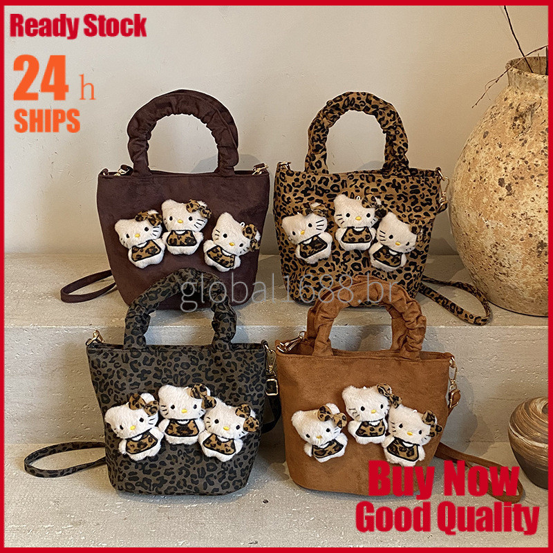 {PRONTO ESTOQUE} Bolsa de Mão de Menina com Estampa de Leopardo, Bolsa de Ombro de Hello Kitty, Nova Bolsa de Balde Leve