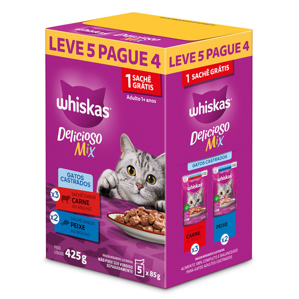 Ração para Gatos Whiskas Sabores Carne ao Molho e Peixe com 5 Saches 85g Leve 5 Pague 4 em Oferta na Shopee