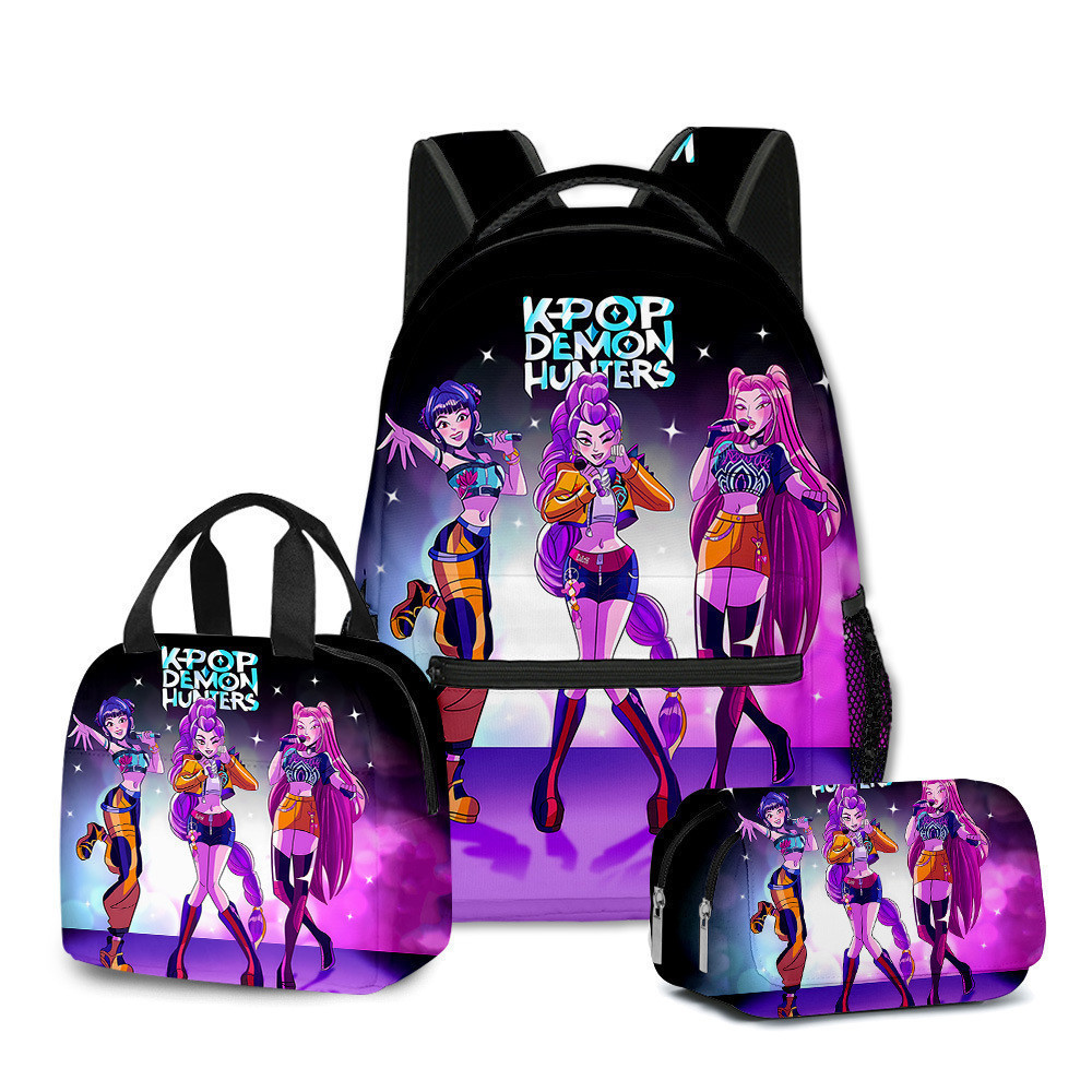 Kit de Mochila Escolar Infantil K-POP Impressão Dupla Face Meninos Meninas Bolsa Térmica para Laptop Estojo de Lápis 3 p