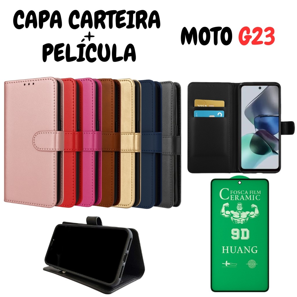 Capa Capinha Carteira Para Motorola G23 + Película de Cerâmica em Oferta na Shopee