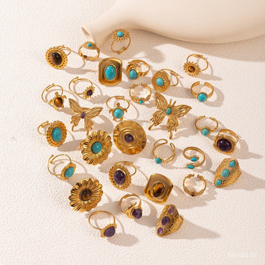 Anel de Turquesa Aberto em Aço Inoxidável 18K Aço Titânio Feminino à Prova d'Água não irá descolorir