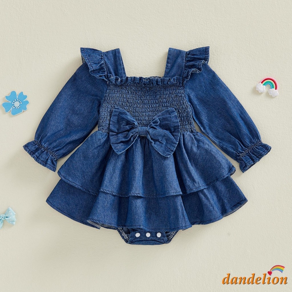 Vestido Jeans Elegante E Fofo De Cor Sólida Com Manga Longa Bolha Para Bebês Meninas