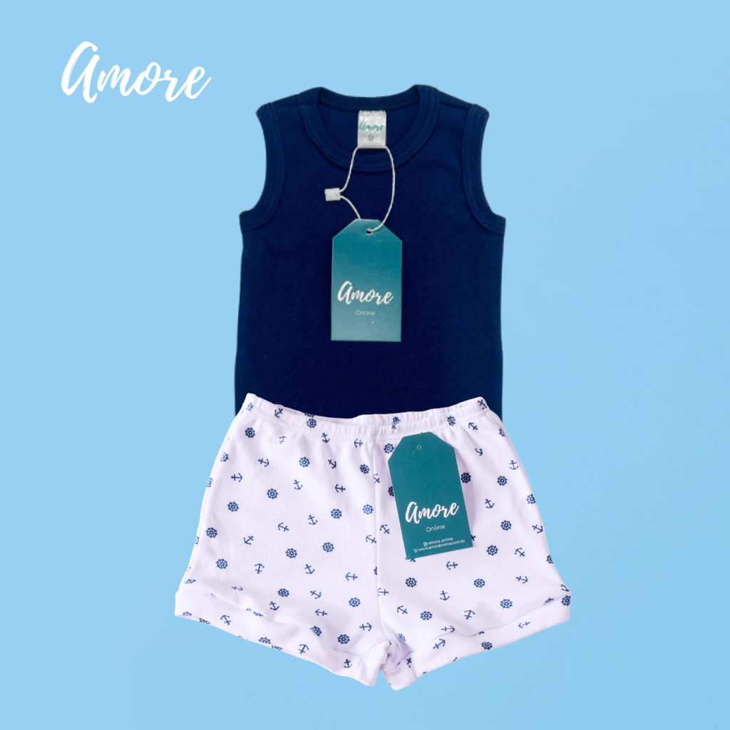 Conjunto Body Regata Amore Azul Marinho e Short Marinheiro 100% Algodão