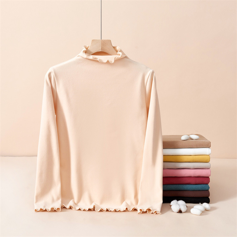 Camiseta feminina alemã de veludo fungo borda manga comprida forro de lã de inverno engrossado gola meia alta