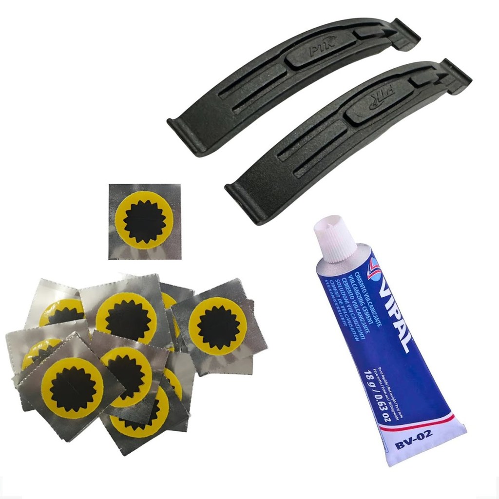 Kit 2 Espátulas Nylon Pneu Bike Desmontar Montar Pneus + Cola Reparo Bv02 + 20 Remendos Vipal