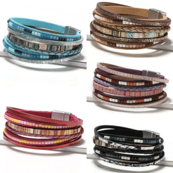 Pulseira Boho Multicamadas De Couro , Boêmia Trançada Feita À Mão Com Fecho Magnético , Joias Étnicas Da Moda Para Mulhe