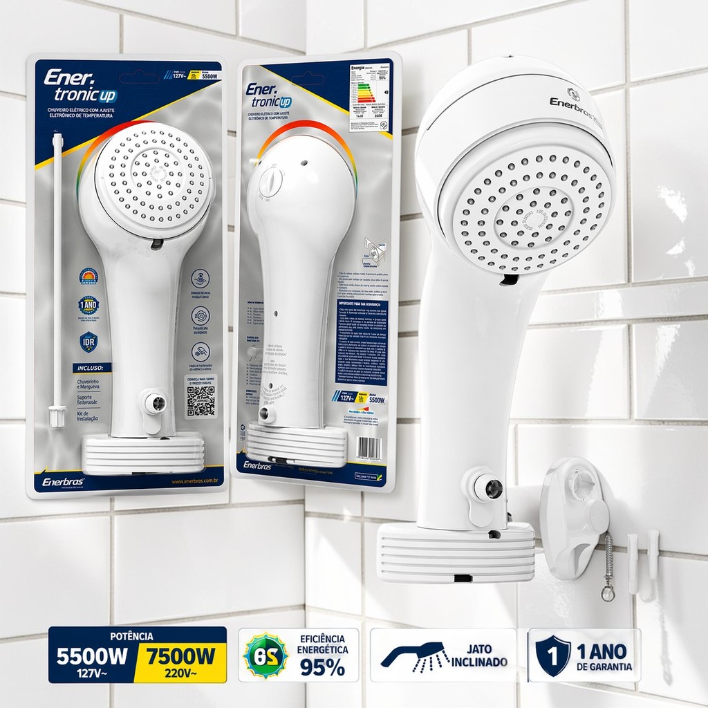Chuveiro Ducha Eletrônica Enerbras Enertronic Up Branco 127V 220V Alta Potência Econômico
