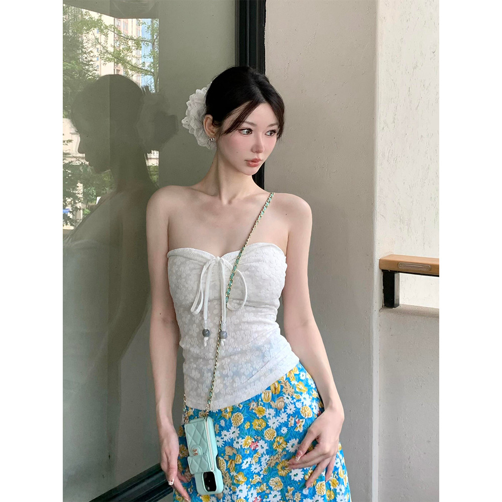 Terno estilo férias à beira-mar puro desejo Design sentido branco Halterneck tubo superior saia Floral azul terno de dua