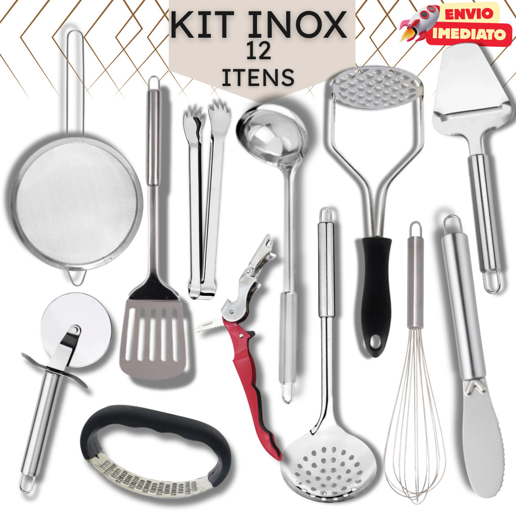 Cozinha Inox 12 Peças: Jogo Utensílios Completo, Amassador, Saca Rolhas, Concha, Pizza e Fuê - Presente Casamento Kit