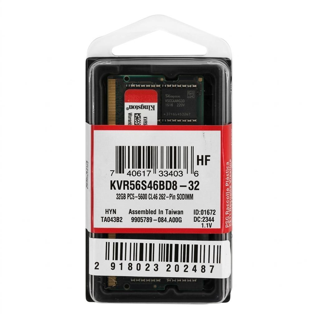 Kingston Memória Notebook ValueRAM 32GB 5600MTs DDR5 CL46 SODIMM, KVR56S46BD832