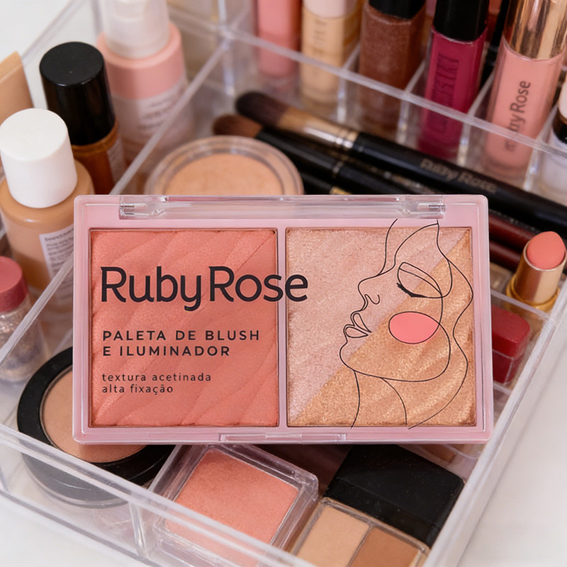 Paleta Blush + Iluminador Ruby Rose HB7533 Duo Alta Pigmentação e Fixação | Acabamento Acetin