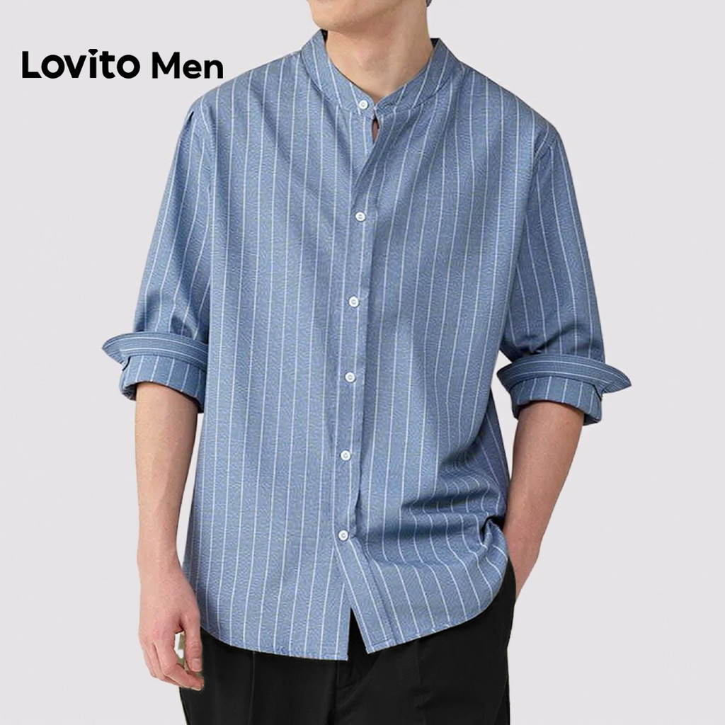 Lovito Men Camisa Casual com Botões - Estampa Azul Primavera/verão para Homens LNE142531