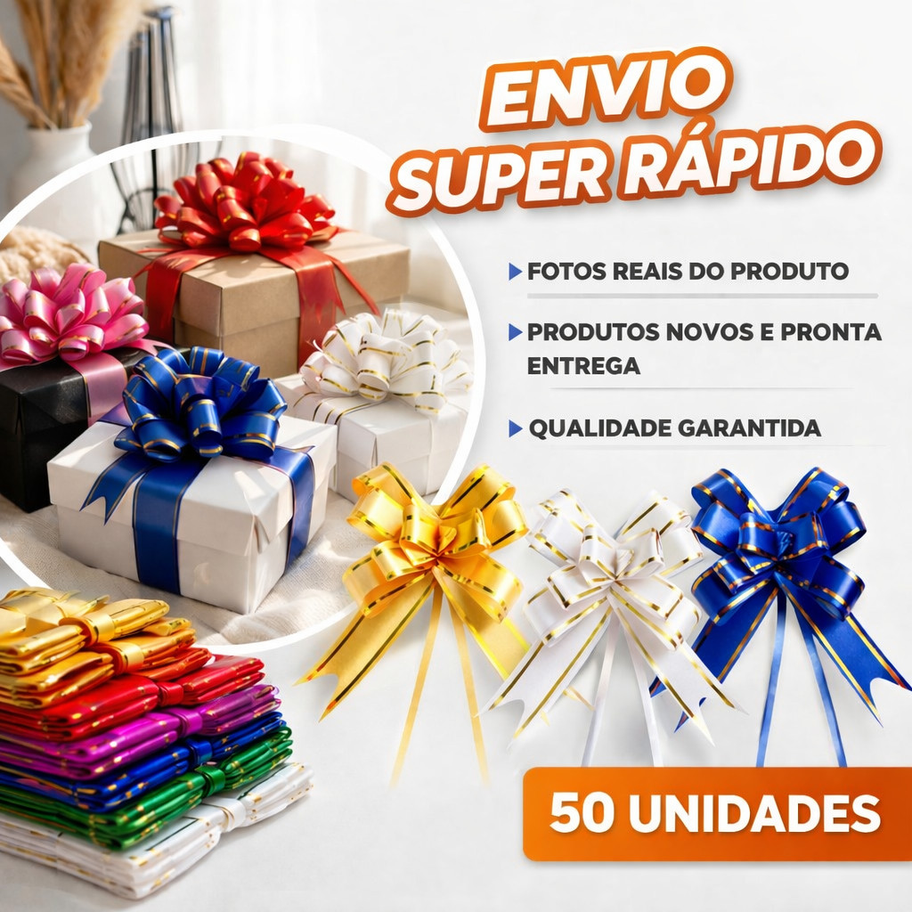 50 Laços Mágicos Fácil Para Presente Com Filete Dourado P/M/G Com Cores Sortidas e Vibrantes