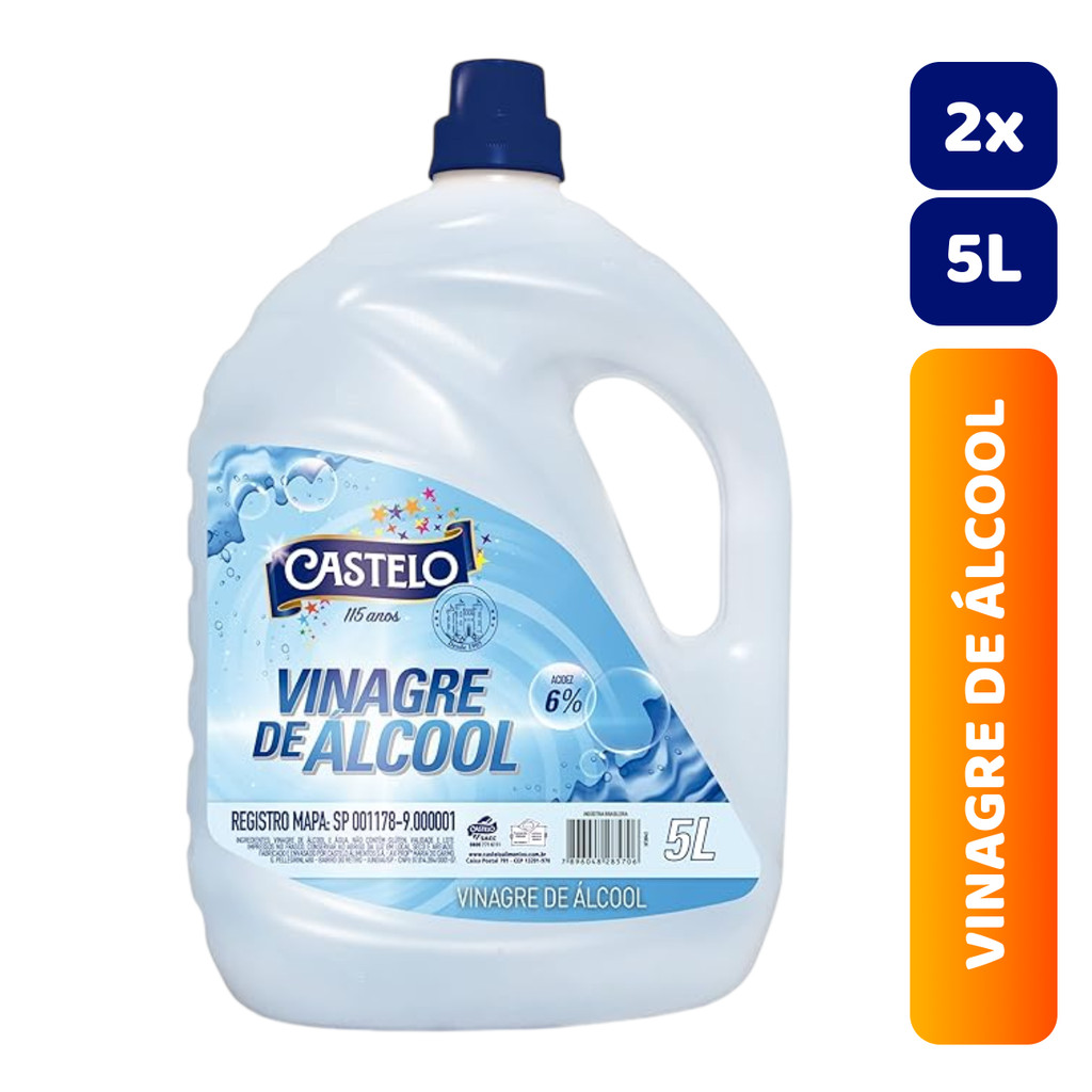 Kit C/2 Unidades Vinagre de Álcool Castelo 6% Acidez P/ Limpeza 5L