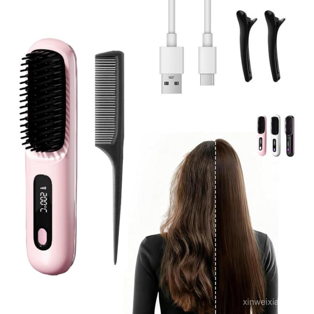Clinora A Primeira Escova Inteligente para Cabelos Curtos, Escova Alisadora Sem Fio com Display LED, 3 Níveis de Tempera