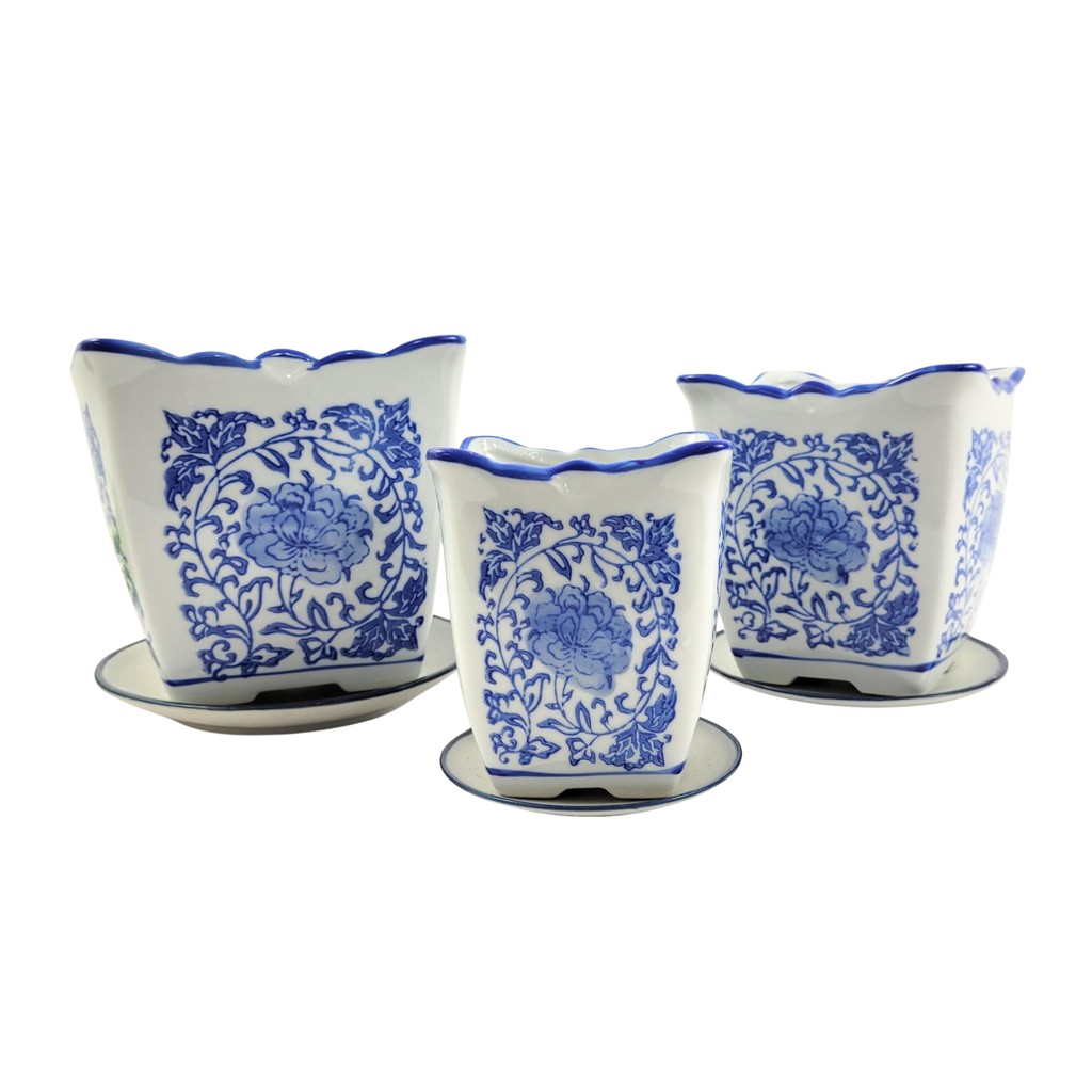 Vaso Decorativo Cachepot Azul E Branco Porcelana 3pç Dalian
