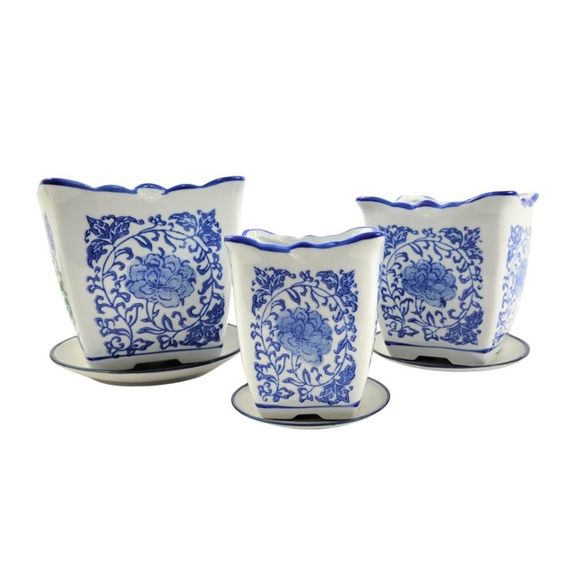 Vaso Decorativo Cachepot Azul E Branco Porcelana 3pç Dalian