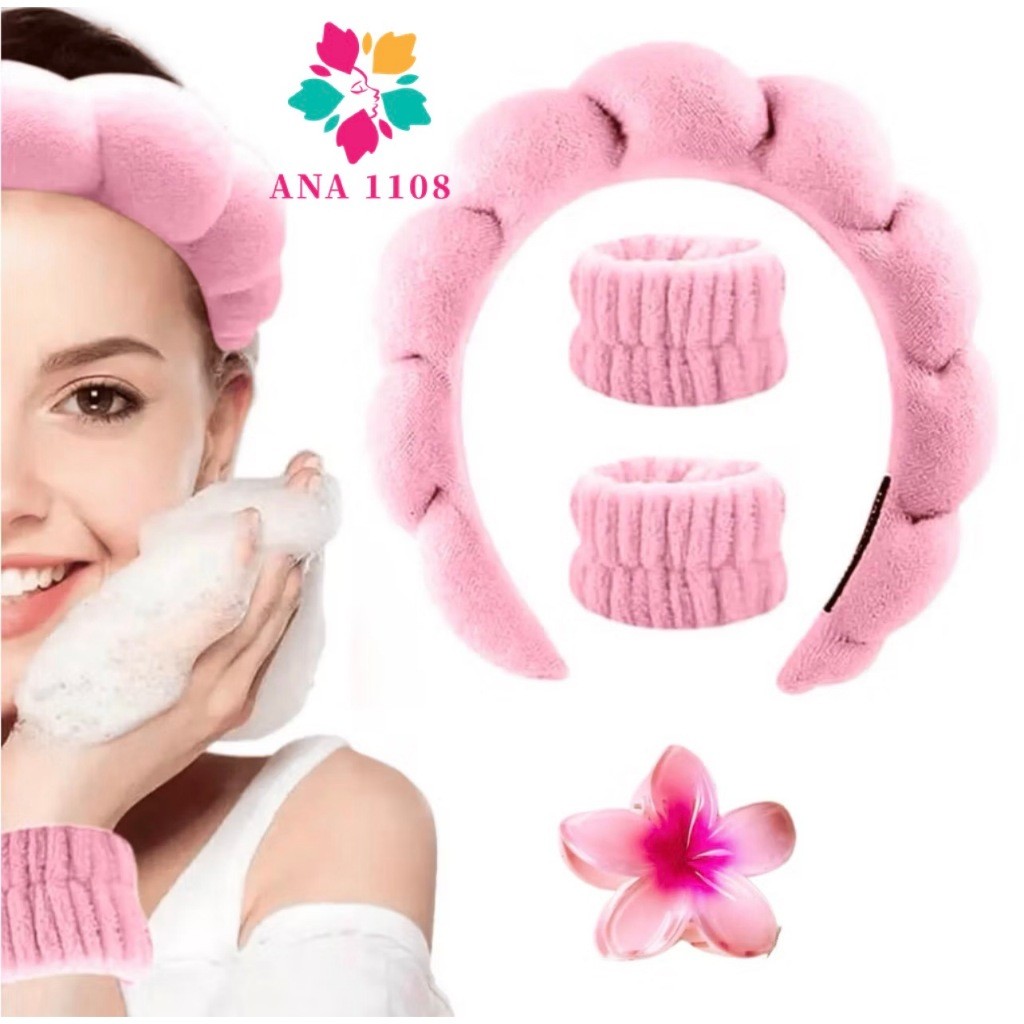 sufur ANA 1108 Acessórios de Skincare Spa Feminino-(1 conjunto contém 4) Presilha de Flor Tiara Nuvem Faixa de Pulso-DAG