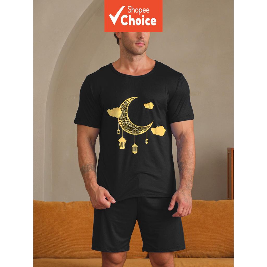  Conjunto de Pijama de Verão para Homem com Toque Fresco, Top de Manga Curta e Calções com Estampa Geométrica, Roupa de