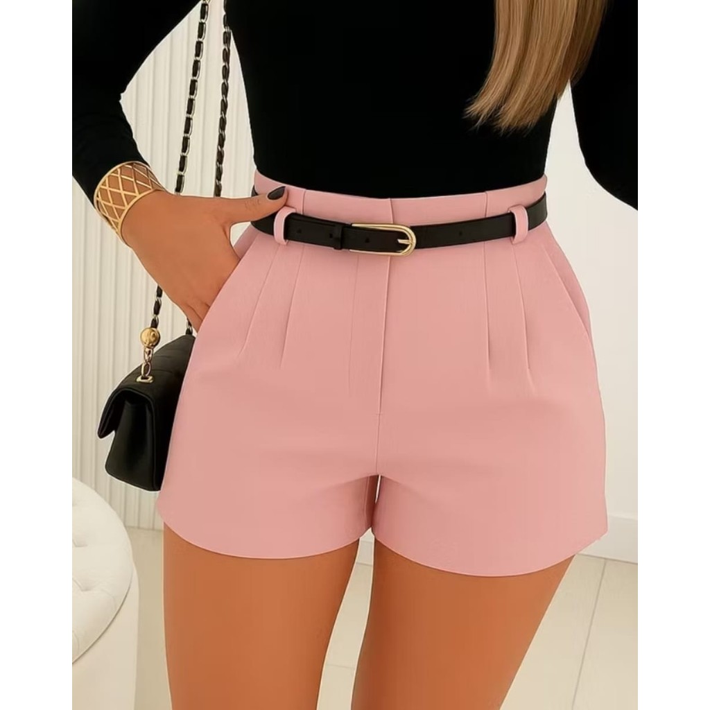 Short Feminino Alfaiataria Social com Cinto Cintura Alta