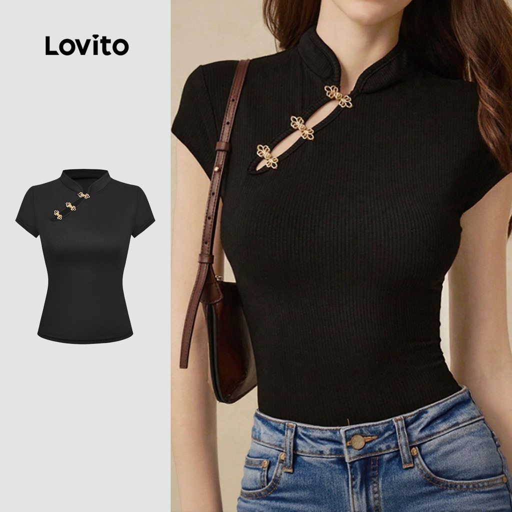 Lovito Camiseta Casual Vazada Preta Para Mulheres Ideal Para Primavera/verão L166AD396 em Oferta na Shopee
