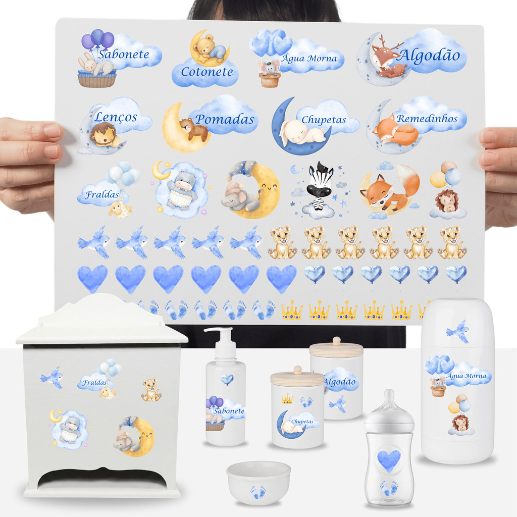 Cartela Adesivos Kit Higiene Enxoval Bebê Decoração Azul DTF UV