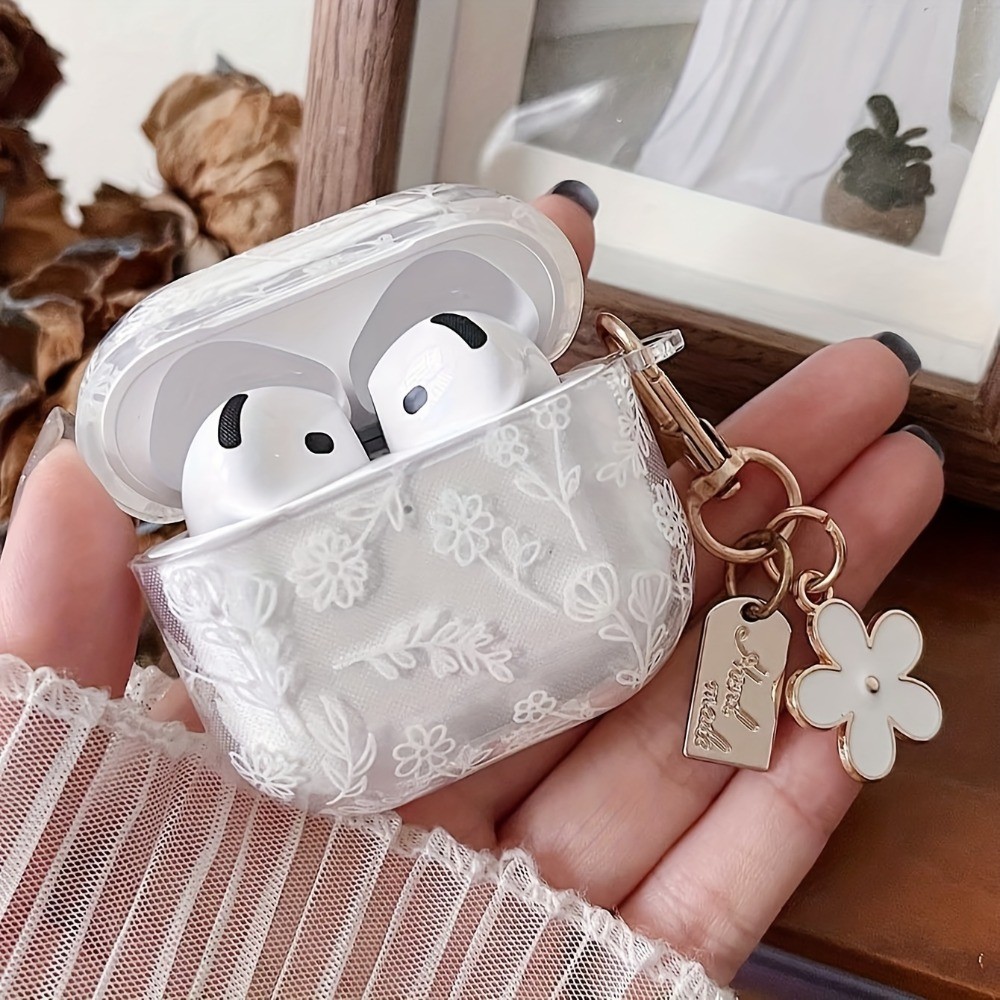 Capa De Fone De Ouvido Para AirPods 4 3 1/2 Elegante Padrão De Flor Branca Com Chaveiro Pro2/Pro3/Pro