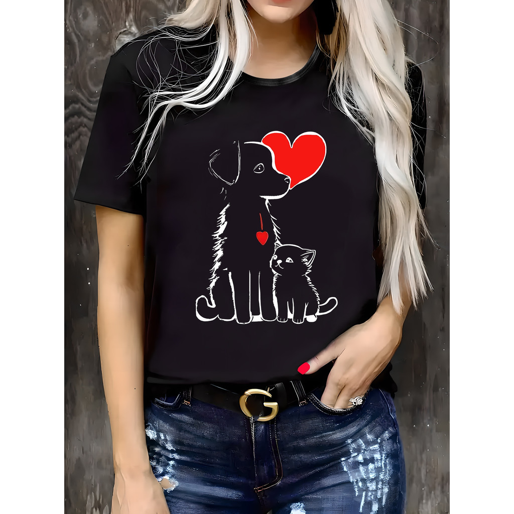 Camiseta Feminina Casual, Confortável E Versátil Com Gola Redonda E Estampas Fofas De Cachorros E Gatos