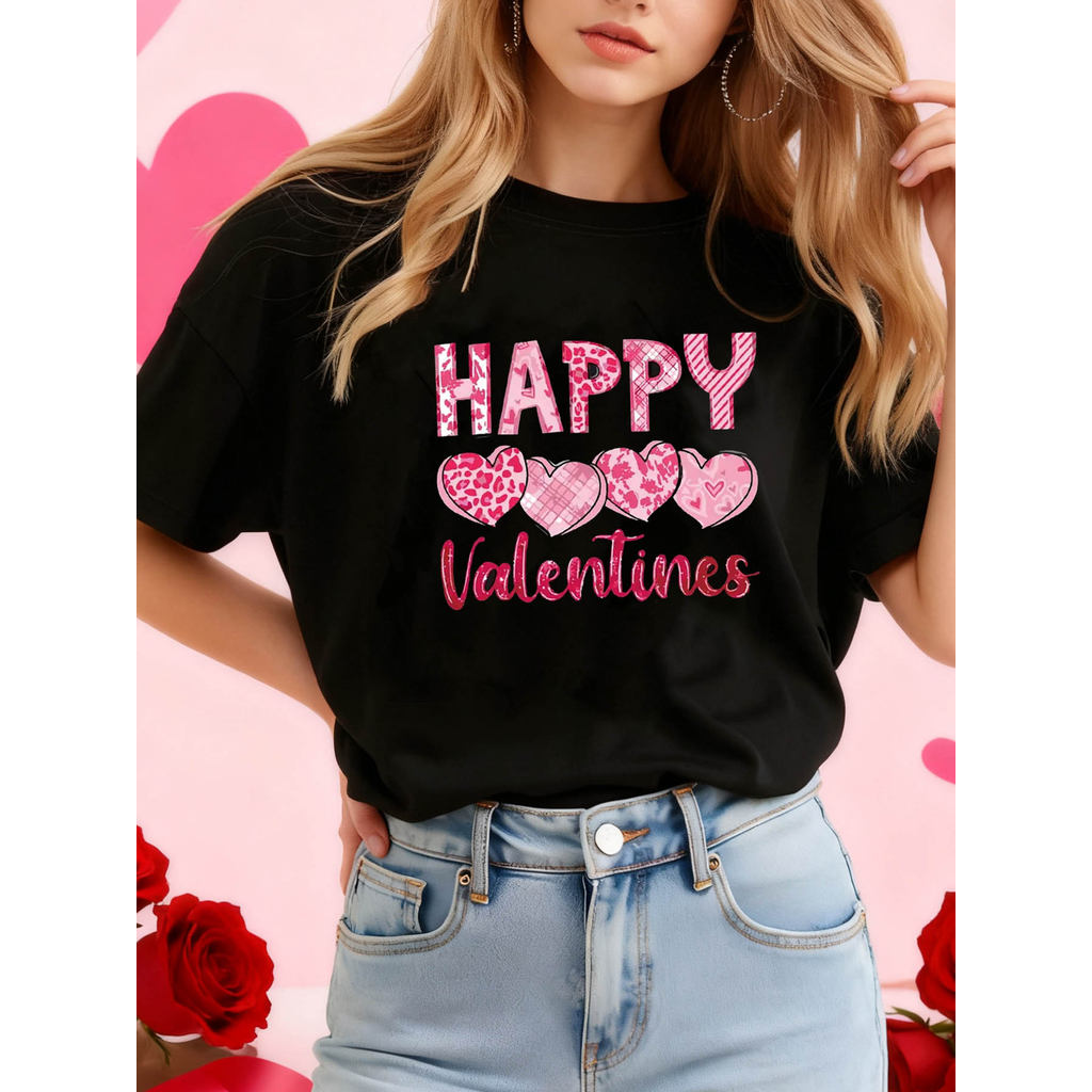 Camiseta Feminina Happy Valentine's Day Lettering Rosa Corações Estampa Romântica Confortável Fofa Divertida Dia dos
