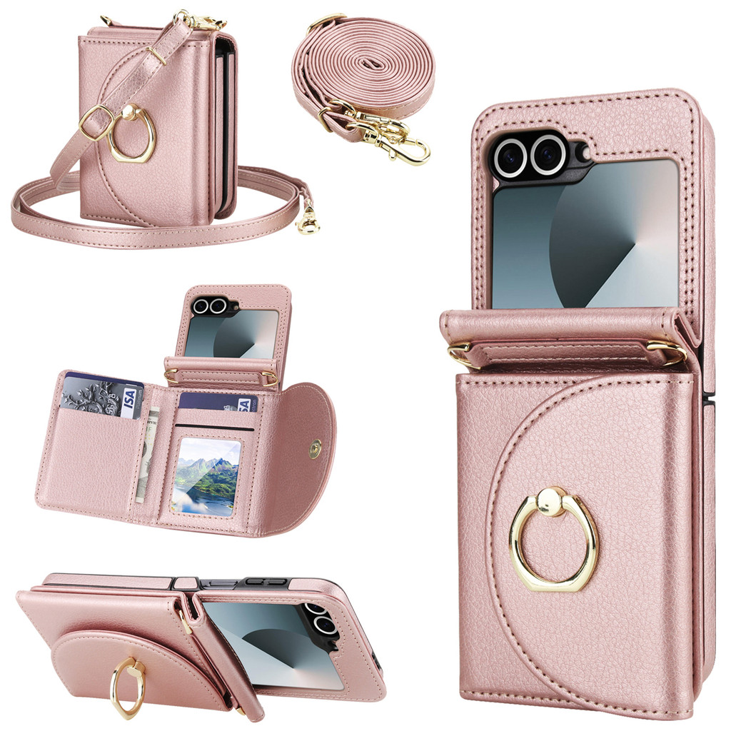 Crossbody Anel Titular Cartões RFID Solt Carteira Flip Couro Caso De Telefone Pa