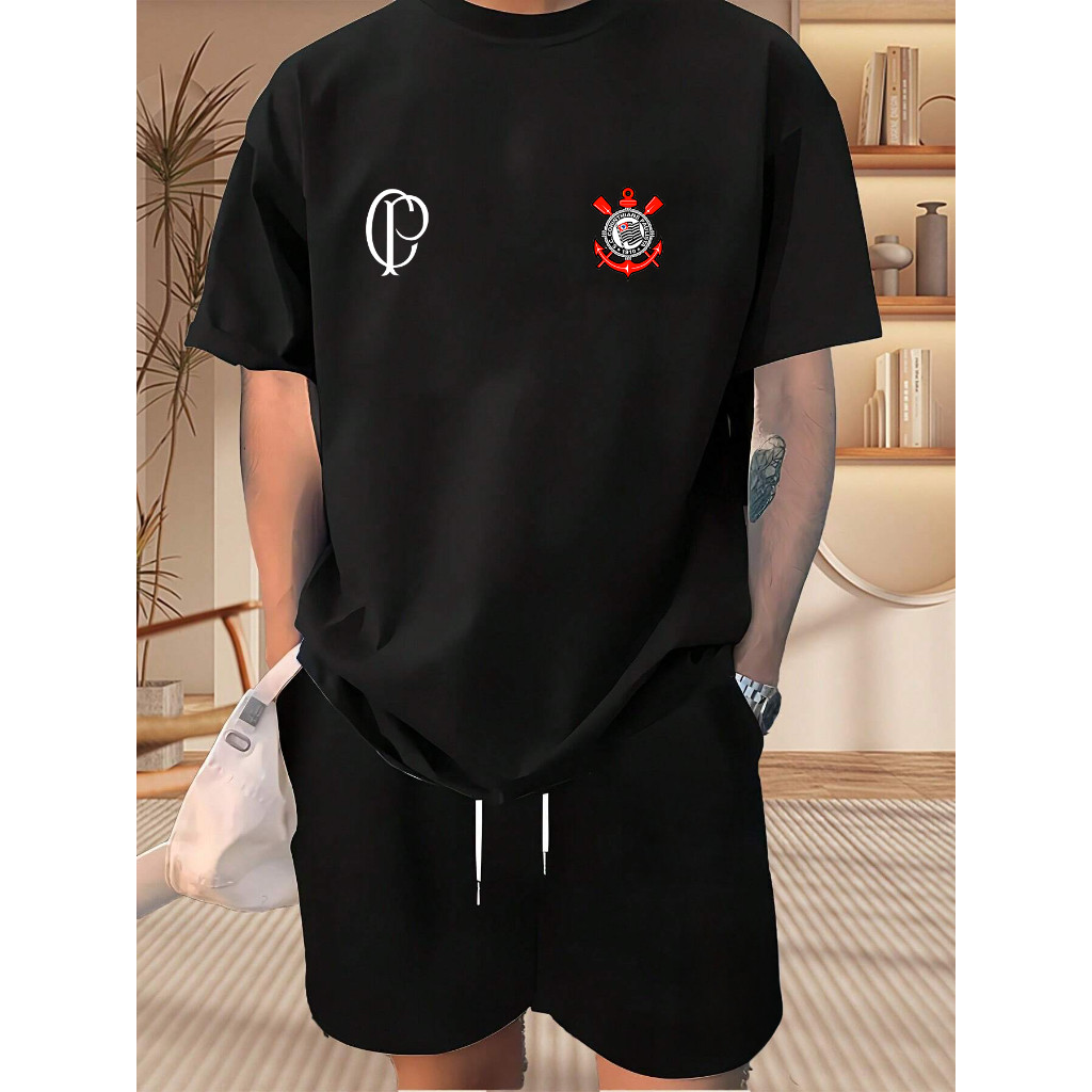 Kit Camiseta + Short Tectel Futebol Time Corinthians 2 Símbolos 