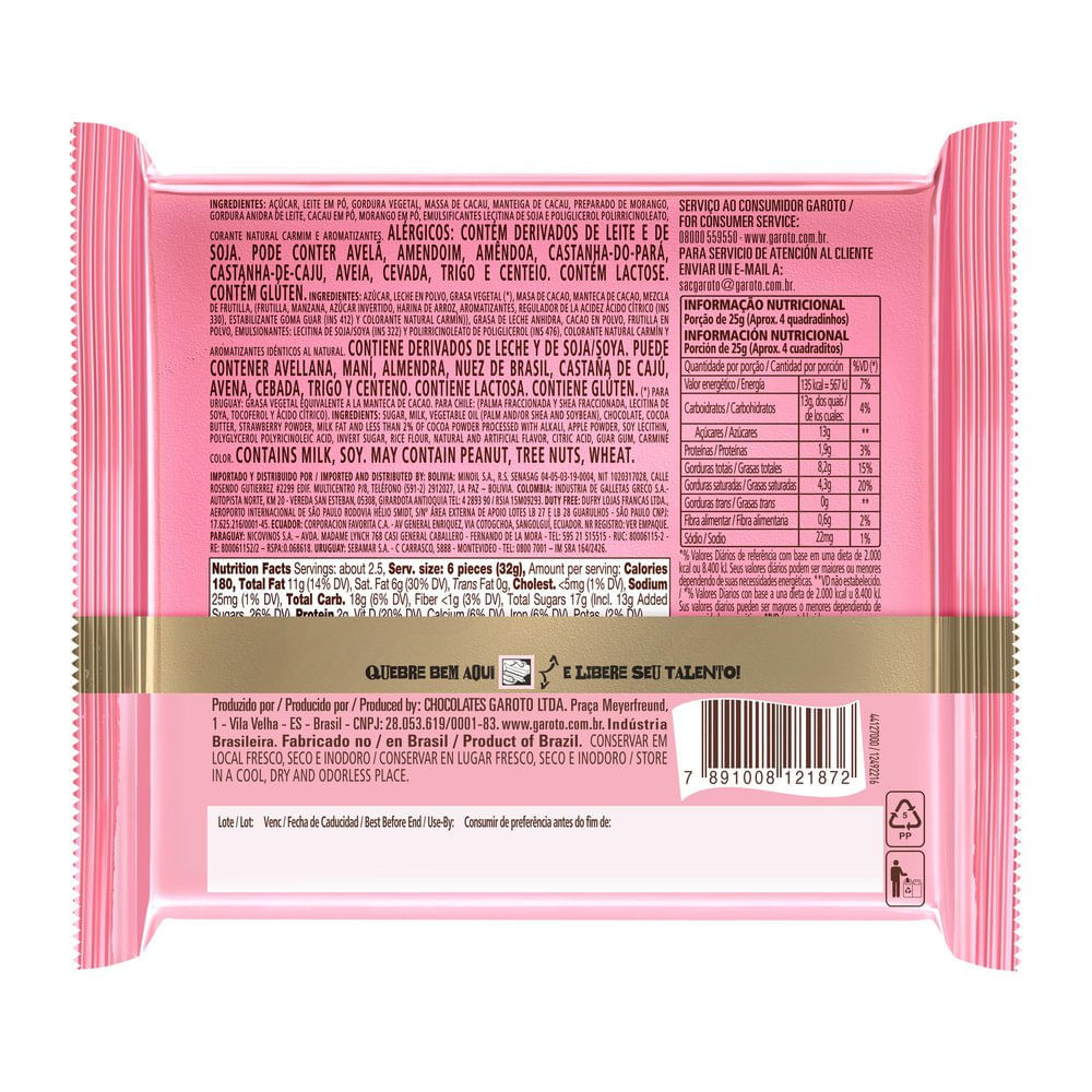 Detalhes do Chocolate Garoto Talento Recheado Morango 85g