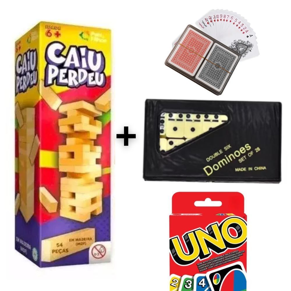 Jogo Domino + Baralho + Uno + Caiu Perdeu Torre de Madeira  Desenvolve Coordenação Motora Brinquedo