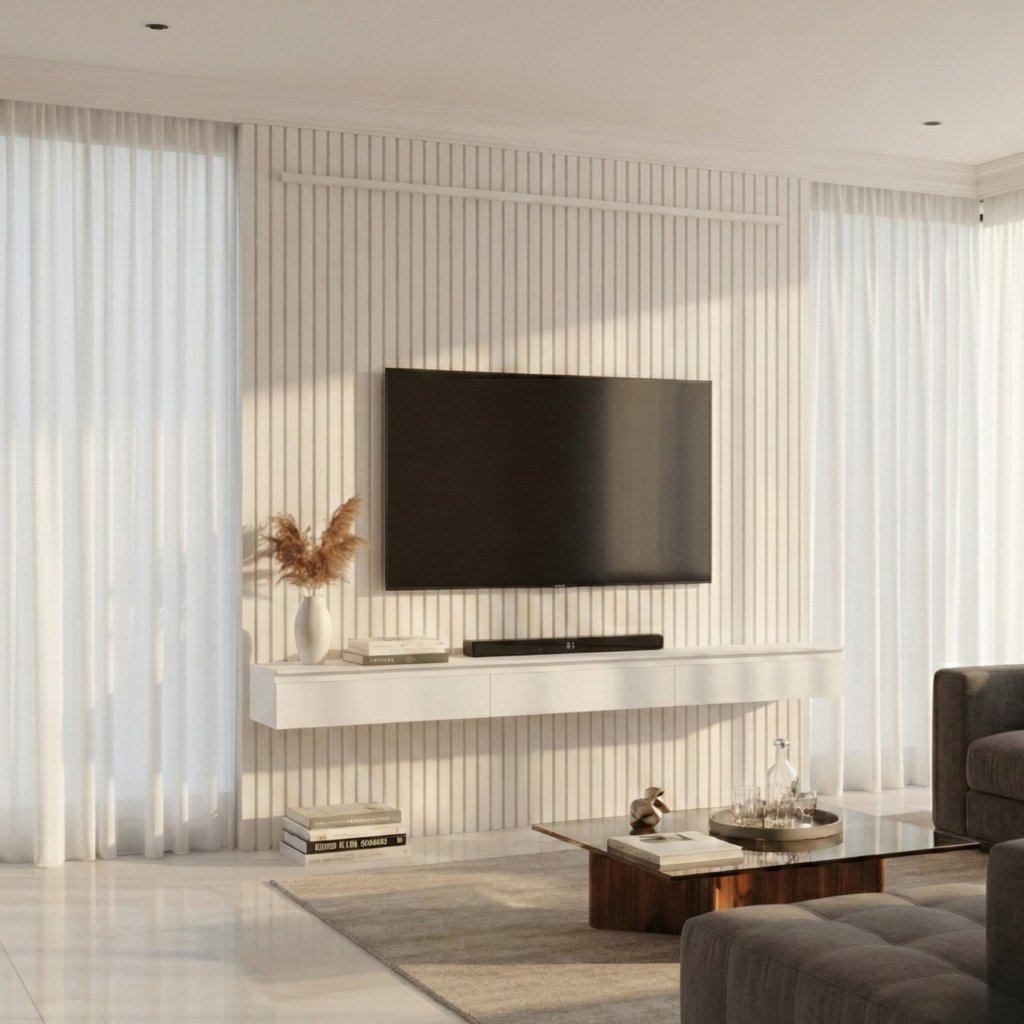 Painel 100% MDF para TV 75 Polegadas Ripado com Rack Suspenso 3 Gavetas Arbo Off White em Oferta na Shopee