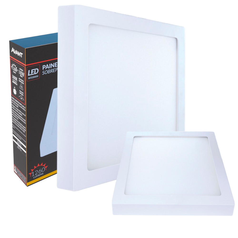 Kit Iluminação 2 Painéis LED Sobrepor Quadrado Avant 18W 22cm em Alumínio Bivolt Luz Amarela