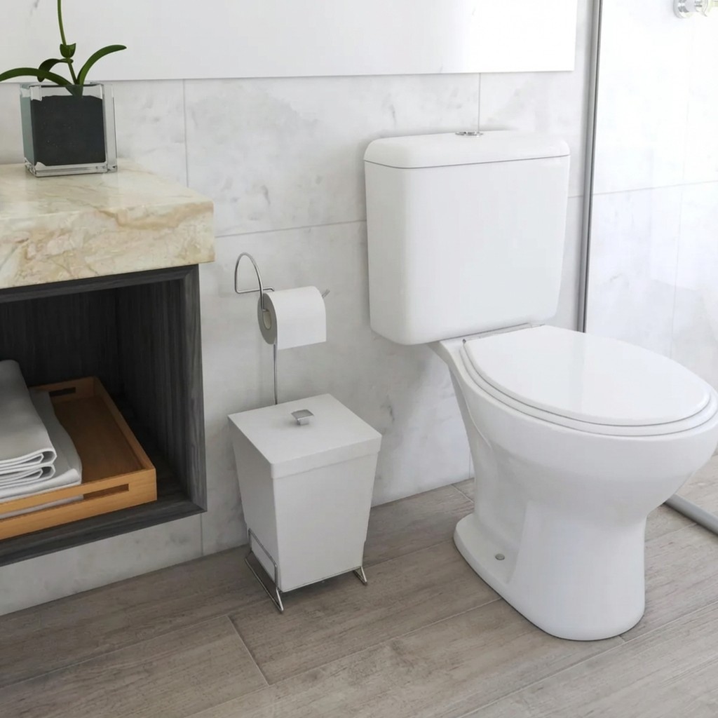 Lixeira para Banheiro Moderno Branca Com Suporte Para Papel Higiênico Compacta Prática Resistente