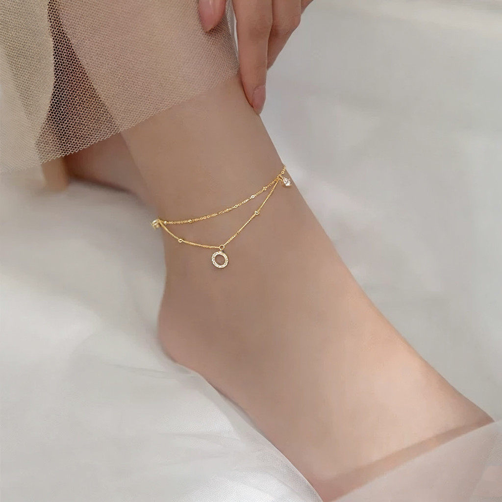 Pulseira de Tornozelo Duas Camadas Anel Pavê 18K Banho de Ouro e Prata 925 Banho