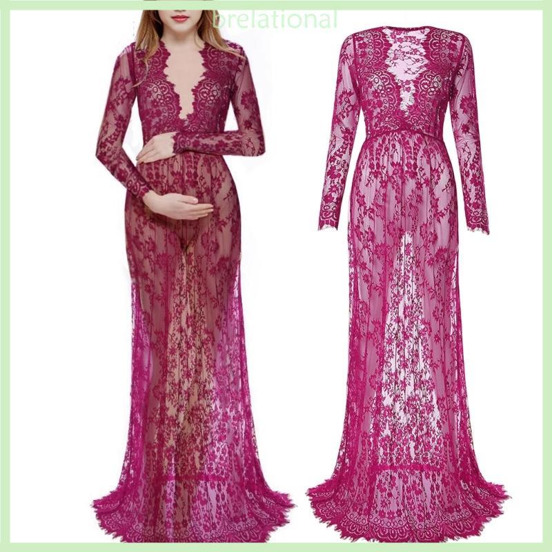 R Vestido Maternidade Para Casamento, Comprida, Decote V, Renda Transparente, Bodycon, Detalhe D