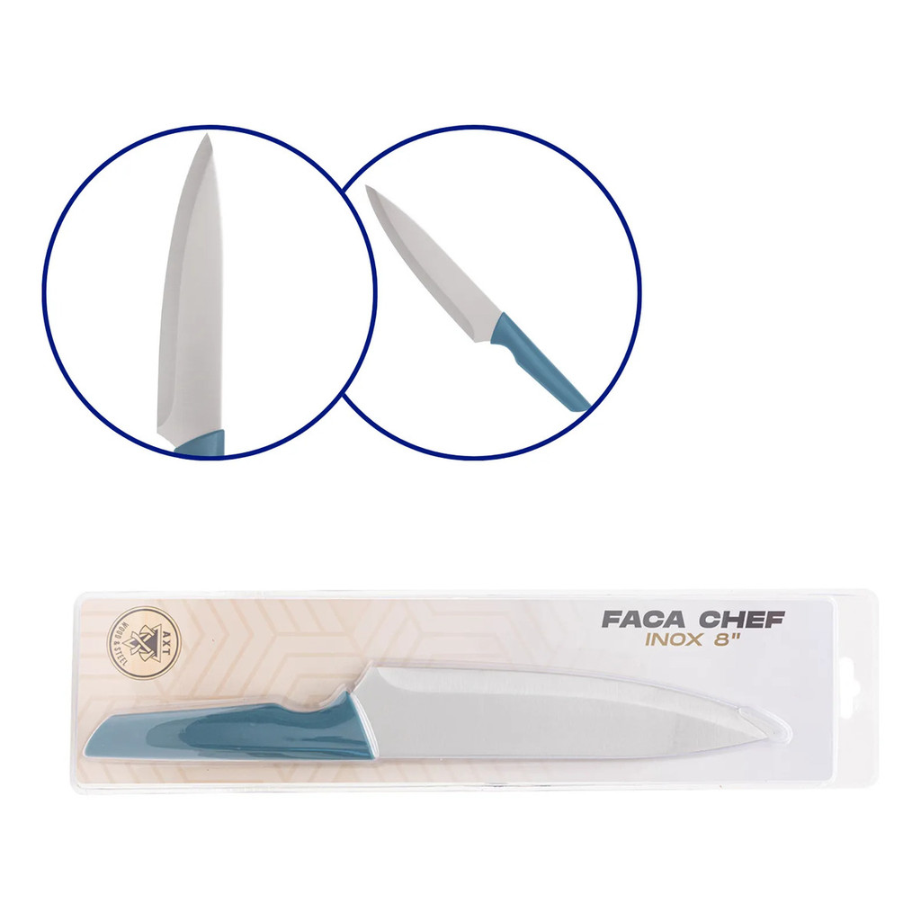 Faca Inox 8  Chef  Cabo Turquesa - Novo Azul-turquesa