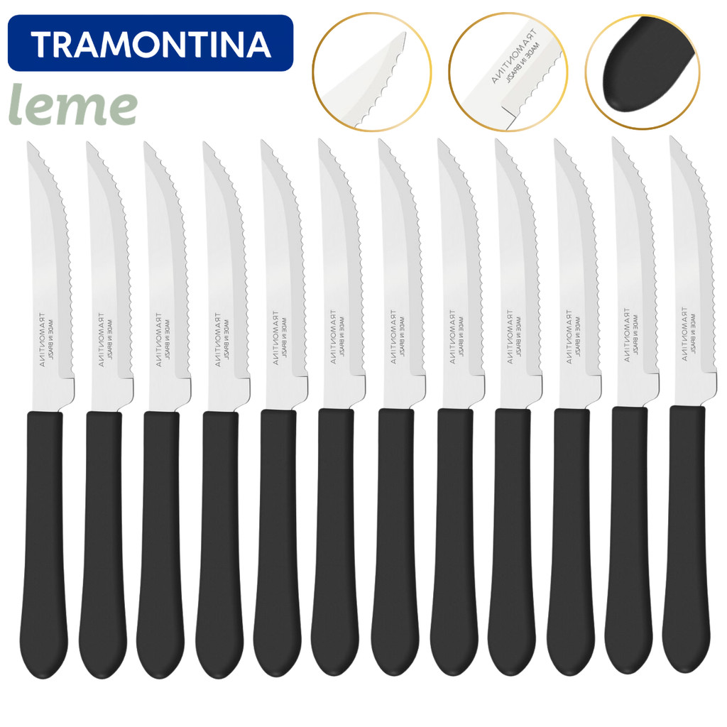 Kit Faca de Mesa Churrasco 12 peças Tramontina Leme Lamina Inox Cabo Polietileno Preto