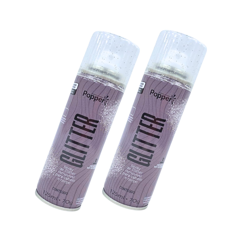 Kit 2 Spray De Glitter Prata 125ml Popper Cabelo Corpo Roupa Maquiagem Brilho Prateado Pequeno Bolsa Festas Carnaval